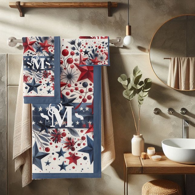 Monograma de Estrellas de Boho Rojo Blanco y Azul (Red White and Blue Boho Stars & Stripes Monogram Bath Towel Set)