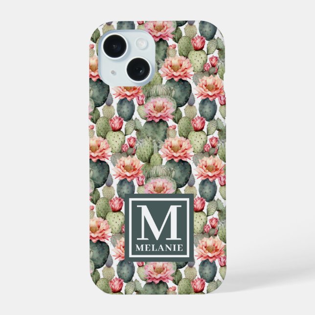 Monograma de flores rosadas con patrón de cactus (Reverso )