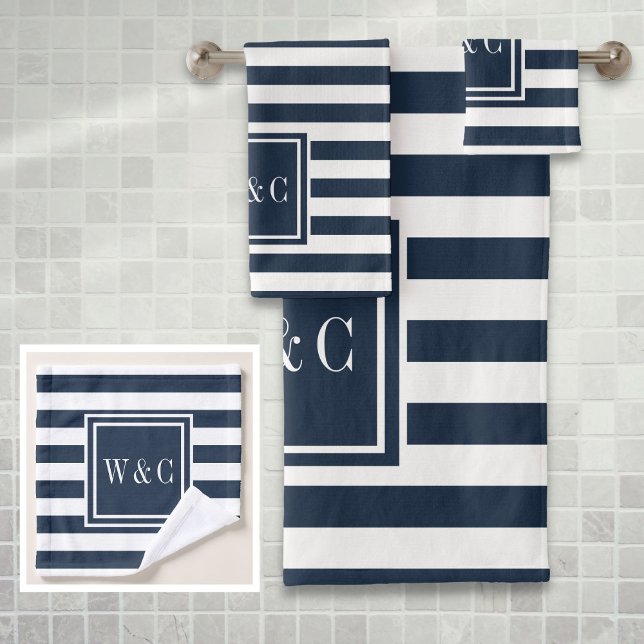 Monograma de franja blanca azul de la marina elega (Elegant Navy Blue White Stripe Monogram Bath Towel Set)