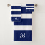 Monograma de franjas azul y blanca<br><div class="desc">Modernas y elegantes bandas geométricas de color azul marino sobre fondo blanco cambiable y monograma de personalizable.</div>