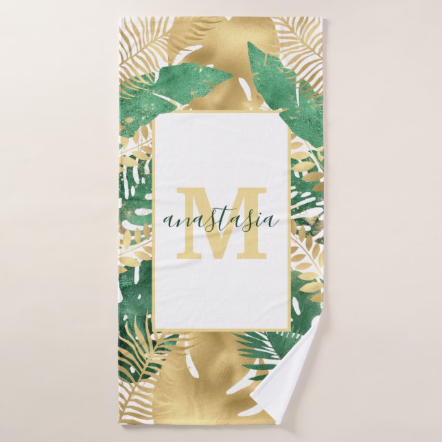 Monograma de hojas tropicales verdes de oro modern (Toalla de baño)