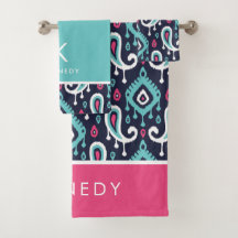 Monograma de Ikat Paisley Rosa y Azul Marino
