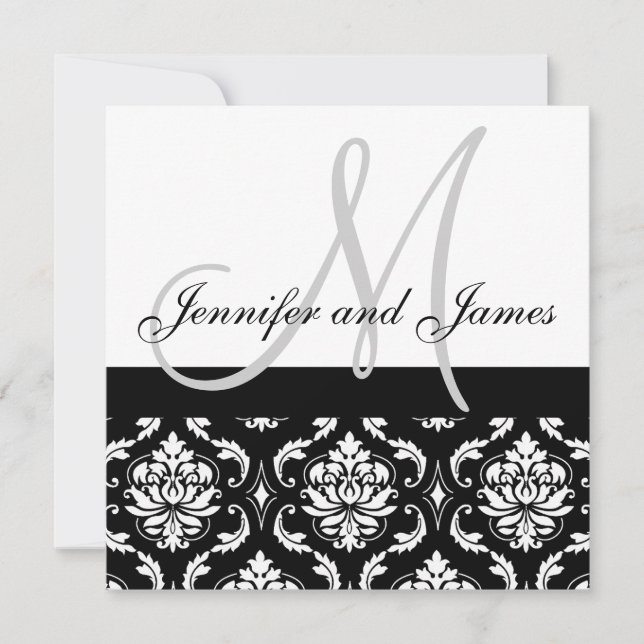 Monograma de invitación a bodas Damasco gris (Anverso)