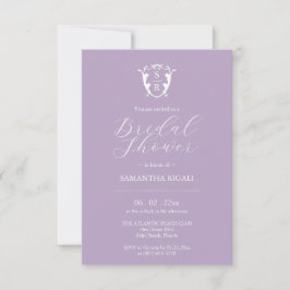 Monograma de invitaciones a ducha de novia púrpura