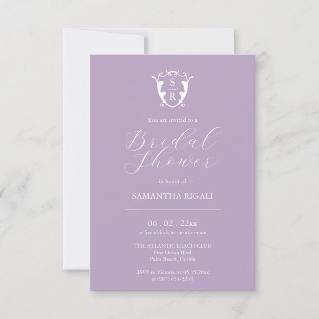Monograma de invitaciones a ducha de novia púrpura (Anverso)
