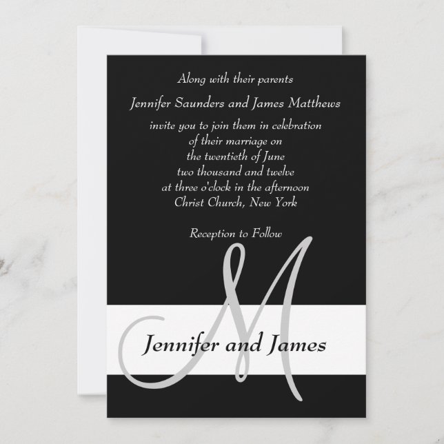 Monograma de la invitación de la boda blanco y (Anverso)