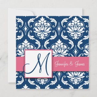 Monograma de la Marina Azul Damasco Invitaciones a