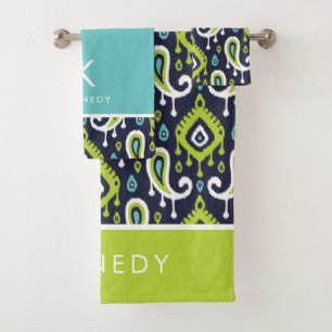 Monograma de la Marina y el Ikat Verde Paisley