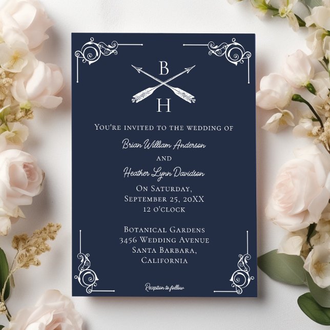 Monograma de la Marina y Invitación a la boda de l (Navy Blue Monogram and Arrows Wedding Invitation)