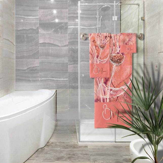 Monograma de las flores rosadas de la moda Girly (Chic Girly Peach Pink Flowers Monogram Bath Towel Set)