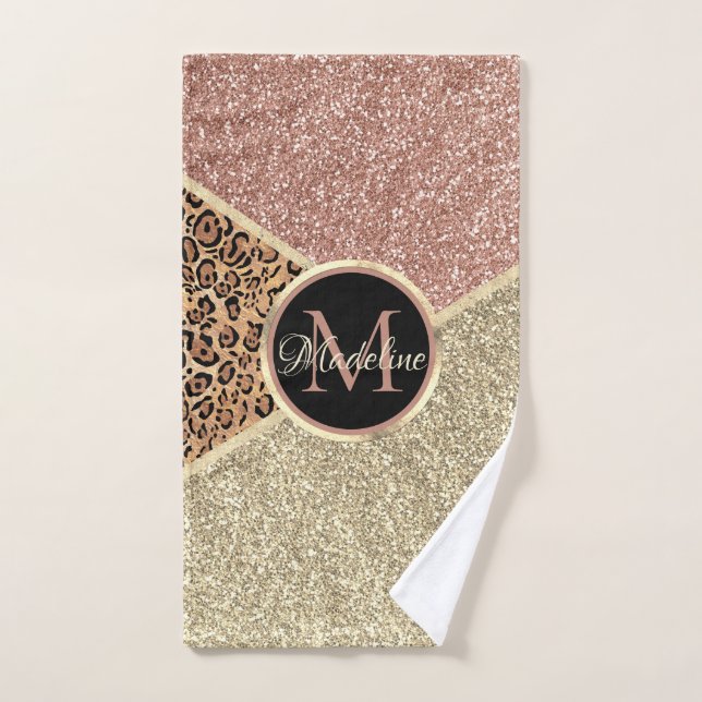 Monograma de leopardo Rosa dorado a rayas (Toalla de mano)