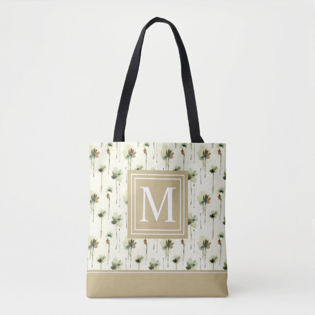 Monograma de lluvia de flores blancas| Bolsa Tote (Anverso)