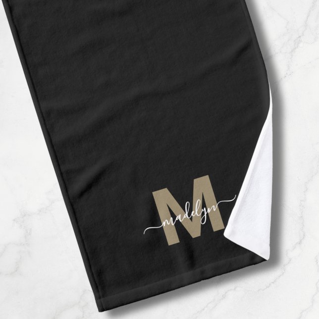 Monograma de nombre con letra cursiva en negro ele (Elegant Black Gold Script Name Monogram Hand Towel)