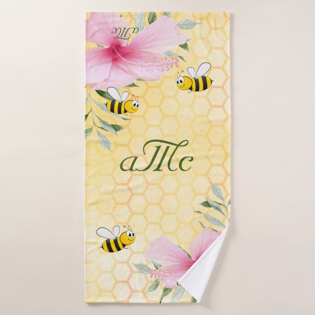 Monograma de pareja floral de abejas amarillas (Toalla de baño)