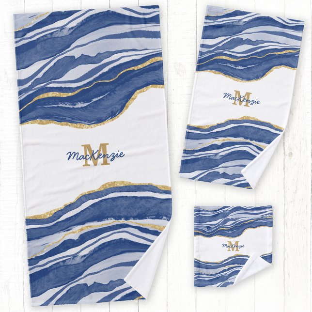 Monograma de Purpurina de oro de Blue Marble Agate (Watercolor blue agate monogram name towel set)