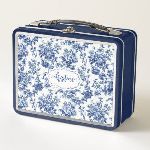 Monograma de toile azul marino floral vintage pers