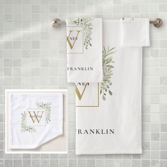 Monograma Dorado Chic Eucalipto Verdor  (Chic Gold Monogram Eucalyptus Greenery Bath Towel Set)