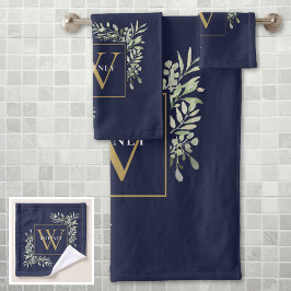 Monograma dorado de vegetación floral azul marino