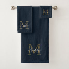 Monograma dorado metálico azul marino de escritura