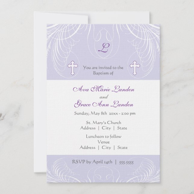Monograma Dos Chicas Bautismo Invitación (Anverso)