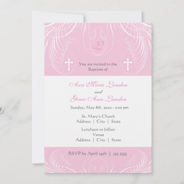 Monograma Dos Chicas Bautismo Invitación (Anverso)