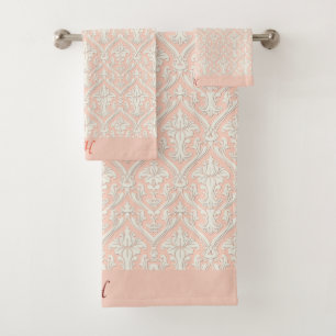 Monograma Elegante Damasco Melocotón y Blanco