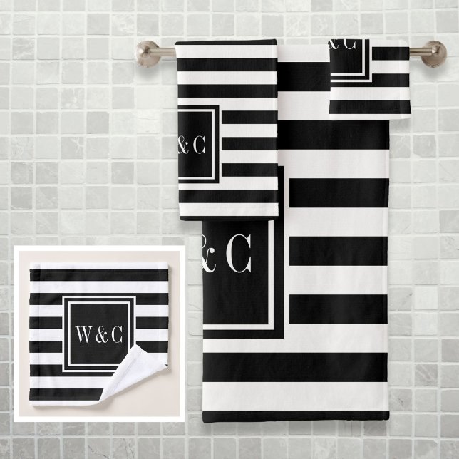 Monograma elegante de franja blanca negra (Elegant Black White Stripe Monogram Bath Towel Set)