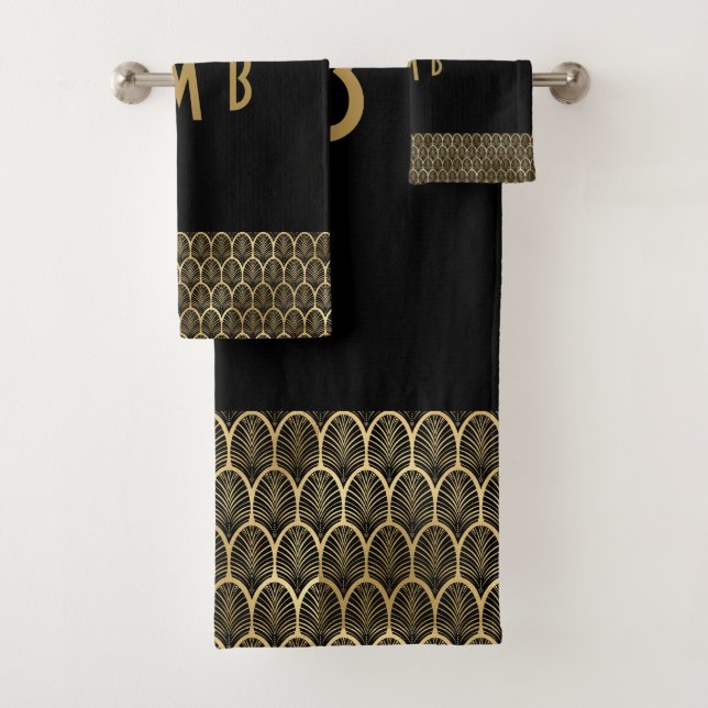 Monograma elegante negro y oro Art Deco Gatsby (In situ)