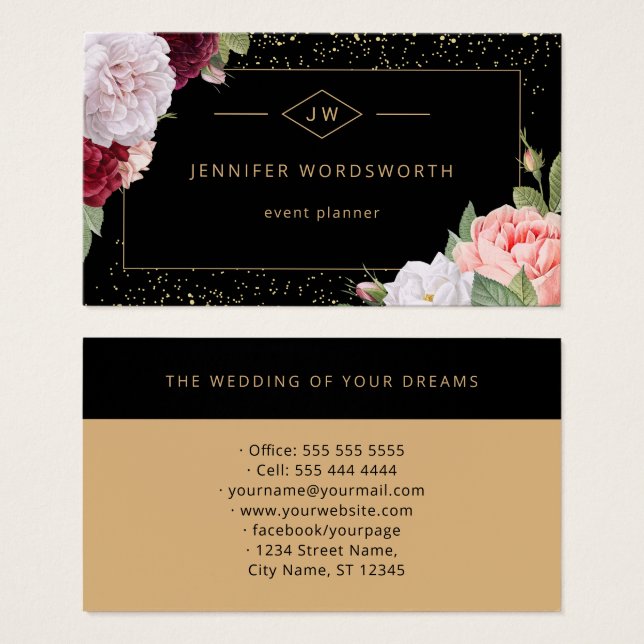 Monograma elegante Rosa floral tarjeta de visita n (Anverso y reverso)