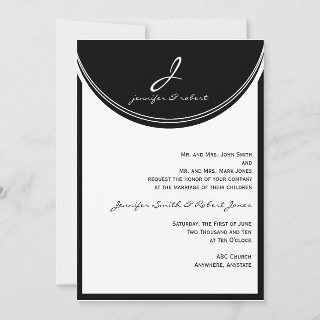 Monograma en la invitación a la boda blanca y negr (Anverso)