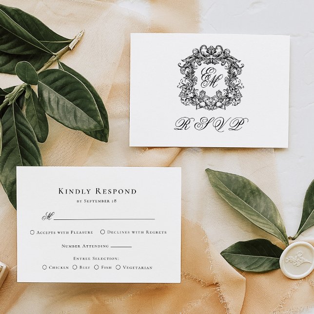Monograma Escudo Elegante Menú Boda Tarjeta RSVP (Subido por el creador)