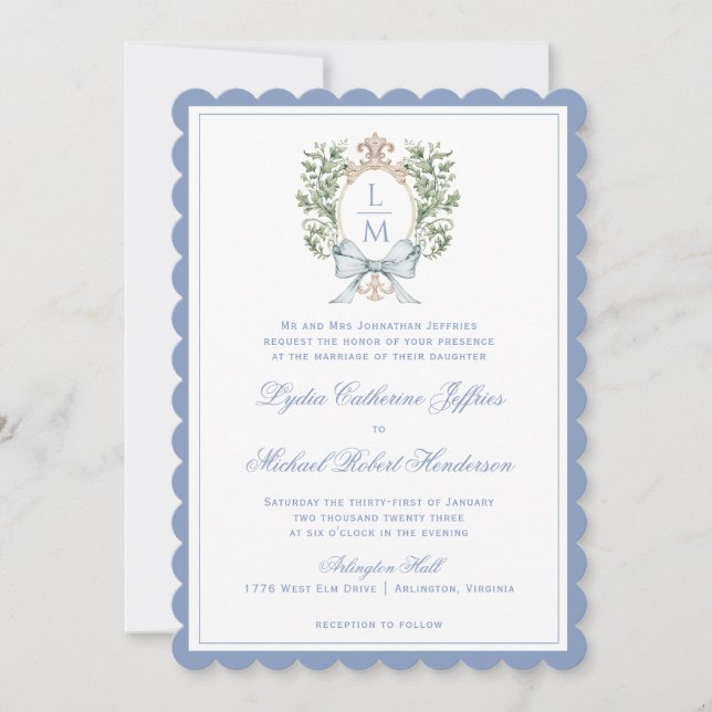 Monograma Escudo hoja | Invitación a la boda de vi (Anverso)