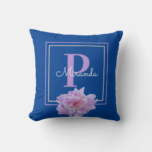 Monograma Flor rosa Cojín decorativo azul