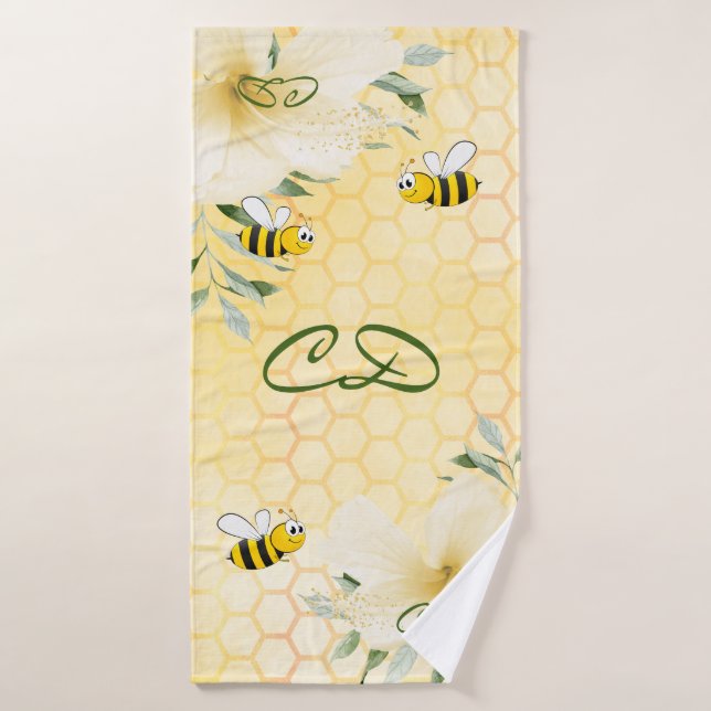Monograma floral de abejas amarillas de abeja (Toalla de baño)