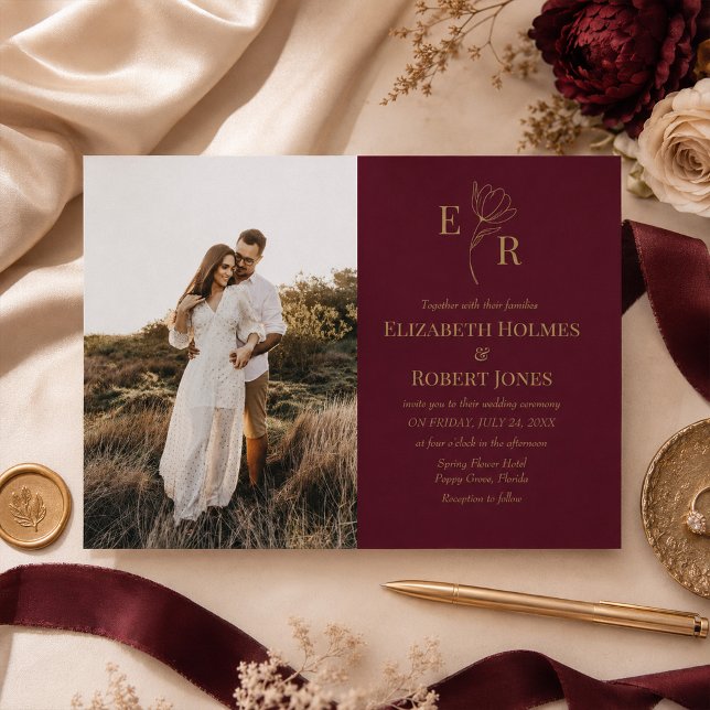 Monograma Floral de Borgoña Foto Anuncio de Fecha  (Burgundy Floral Monogram Photo Save the Date Invitation on a table with elegant wedding decor)