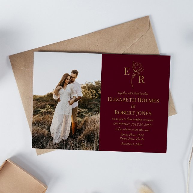Monograma Floral de Borgoña Foto Anuncio de Fecha  (Burgundy Floral Monogram Custom Photo Wedding Invitation on neutral boho wedding table.)