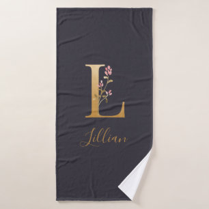 Monograma floral elegante azul dorado personalizad