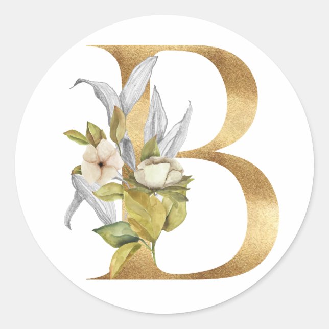 Monograma floral en oro Pegatina redonda clásica (Anverso)