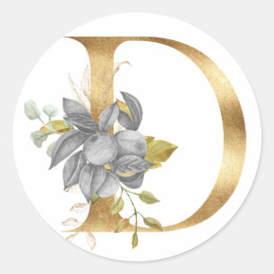 Monograma floral en oro Pegatina redonda clásica