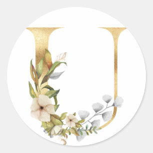 Monograma floral en oro Pegatina redonda clásica
