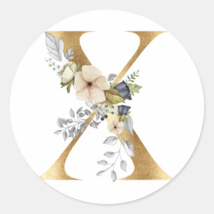Monograma floral en oro Pegatina redonda clásica