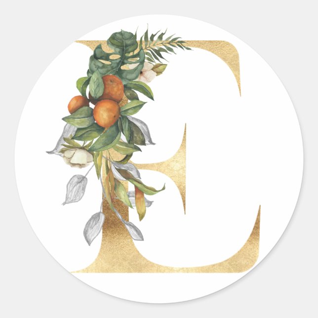 Monograma floral en oro Pegatina redonda clásica (Anverso)