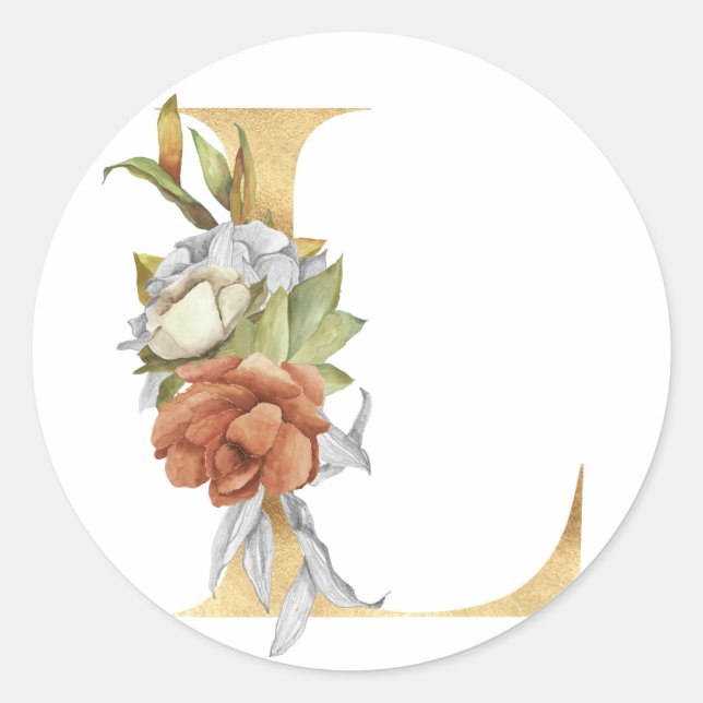 Monograma floral en oro Pegatina redonda clásica (Anverso)