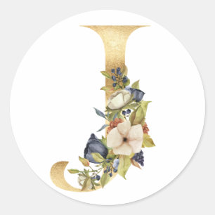 Monograma floral en oro Pegatina redonda clásica