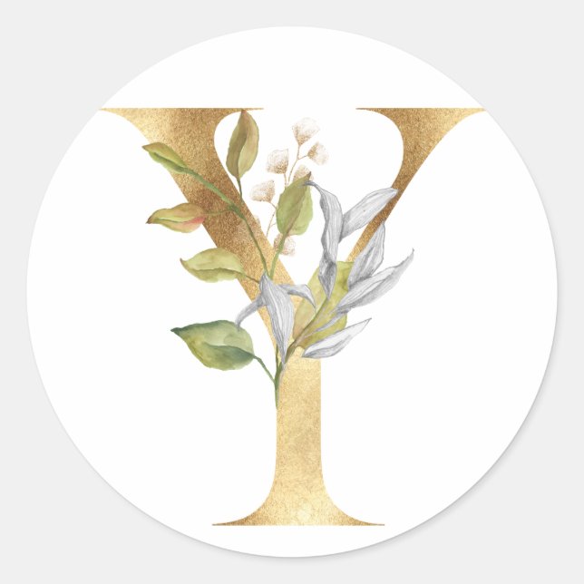 Monograma floral en oro Pegatina redondo clásico (Anverso)