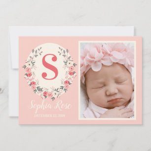 Monograma floral Niña Invitación Rubor Rosa