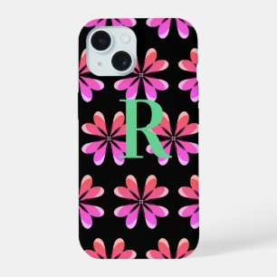 Monograma floral retro negro rosa