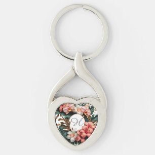 Monograma floral tropical elegante en llavero de c