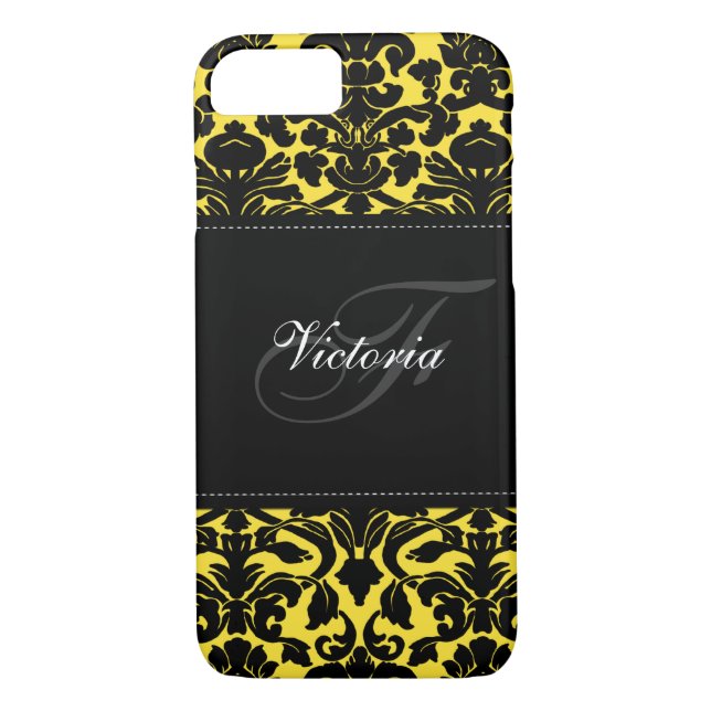Monograma Funda para iPhone 7 Damask negro y amari (Reverso)