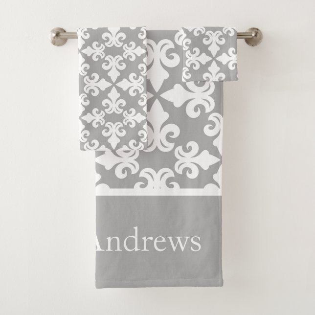Monograma Gris White Fleur-de-lis personalizado (In situ)